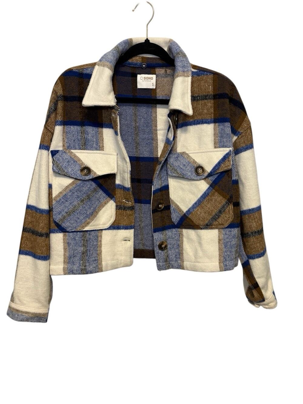 Ci Sono Shacket Womens Small Plaid Blue Brown Cabincore Cropped Heavyweight Fall